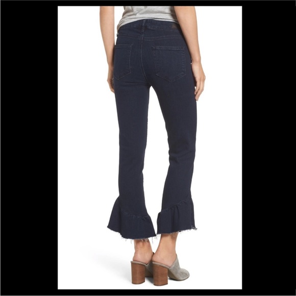 New Paige Flora Frayed Ruffle Hem Jeans Merritt Size 27 Dark Wash - Picture 4 of 12